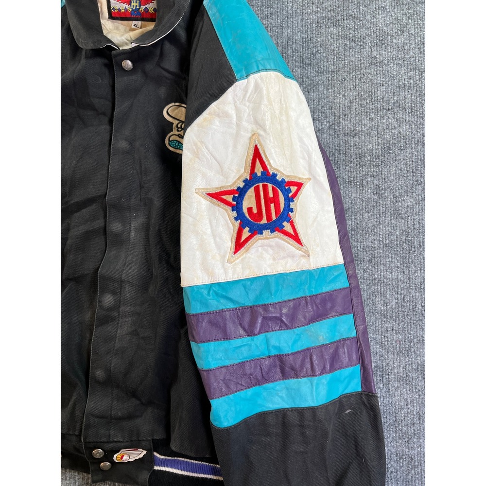 Vintage Jeff Hamilton Charlotte Hornets Leather 90s Varsity Jacket Mens XL Black - Picture 9 of 16